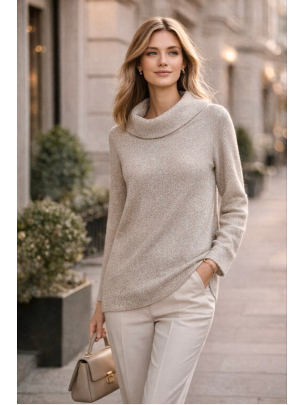 Reiss Sweater Womens M Cowl Neck Metallic Knit Slouchy Quiet Luxury Cozy Silver